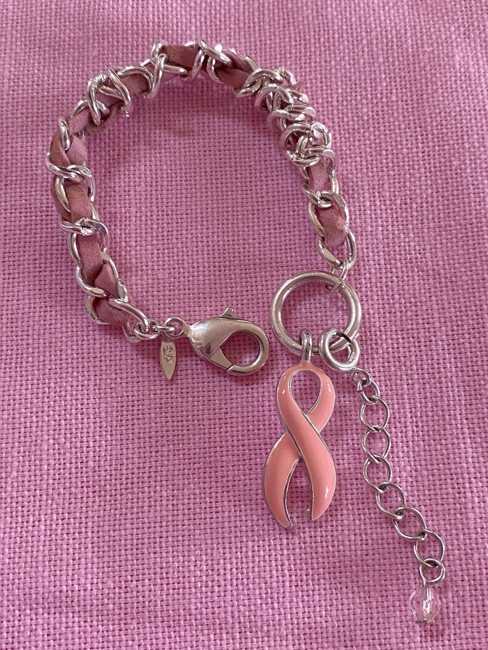 Avon Pink Ribbon Charm Chain Bracelet Accessory Key Jewelry Silver Breast Cancer